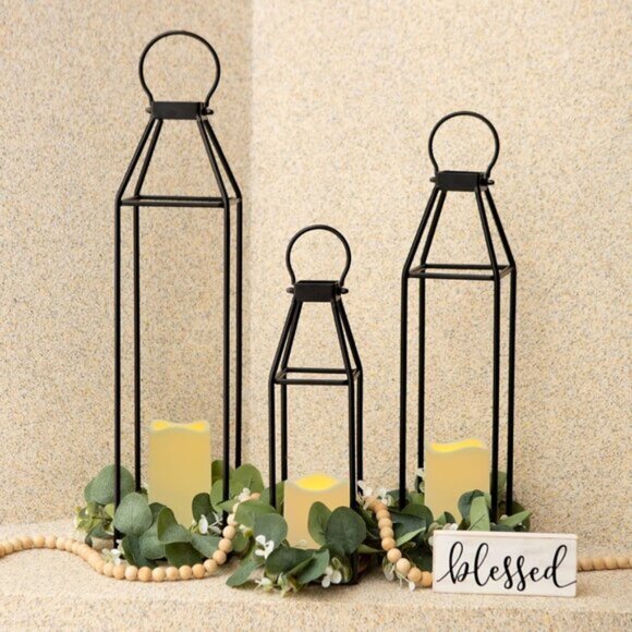 New Set of 3 Black Metal Lanterns Flameless Candle & Remote Timer for Home Decor - Picture 2 of 9